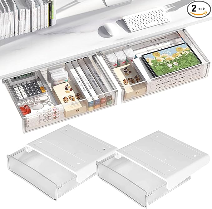 OSPNIEEK Self-adhesive Under Desk Drawer Organizer, 2 Pack Table Hidden Slide Out Large Storage Mounted Desktop Pencil Holder Tray Drawers for Office Home School Stationery Kitchen (Large, White)
