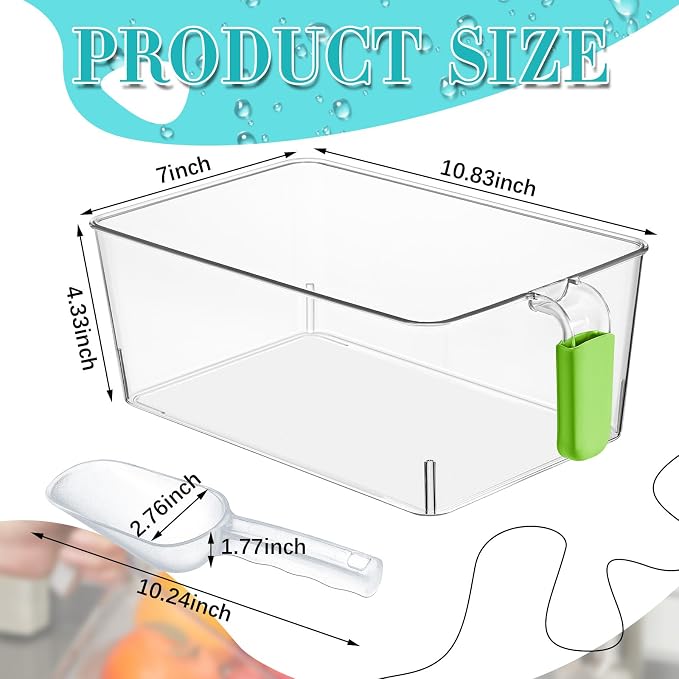 Havawish Ice Storage Bin and Flexible Scoop Set Plastic Freezer Bin | Freezer Ice Bin Scoop, Clear Bucket Container, Pull Handle, Flexible Storage, 10.83 X 7 X 4.33 in
