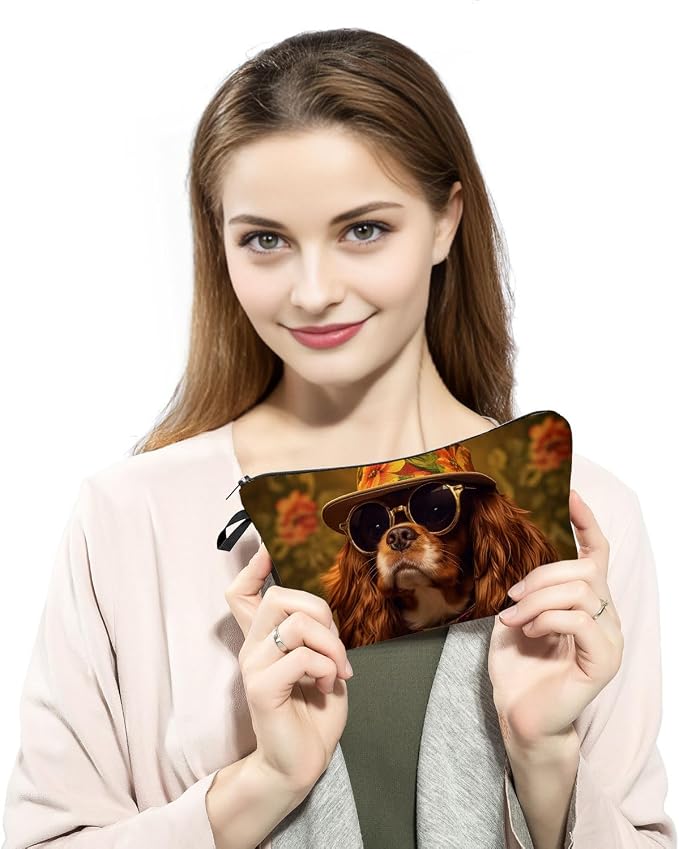 Cavalier King Charles Spaniel Makeup Bag Adorable Dog with Straw Hat & Sunglasses Cute Cosmetic Pouch for Dog Lovers Travel Toiletry Organizer Gift for Pet Enthusiasts