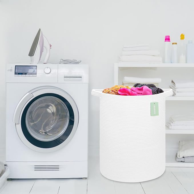 Cotton Rope Basket for Girls Boys, 72L Tall Laundry Hamper, White