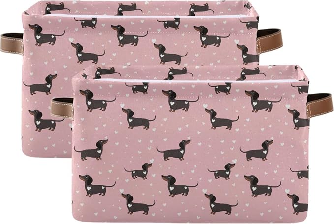 Pink Love Dachshund Dog Storage Basket Fabric Kitchen Baskets Cute Puppy Open Home Storage Bins Boxes Foldable Organizer Bag for Baby Cloth Pet Toy Book Shelf Closet Baskets 16×12×8 Inches 2 Pack
