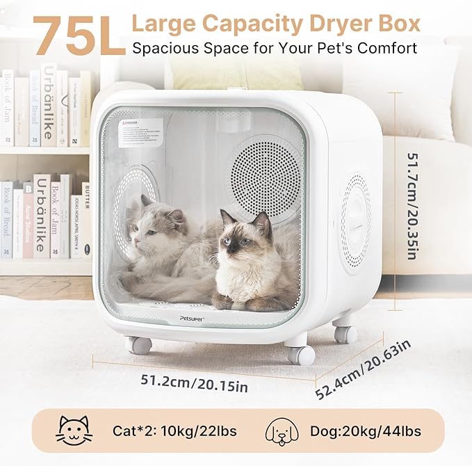 Upgrade 75L Large Automatic Cat Dryer Box with Pet Towel -360° Rapid Drying and APP Control, Smart Safe Temperature & Overheat Protection, Ultra-Quiet & Grooming Box for Cats and Small Dogs