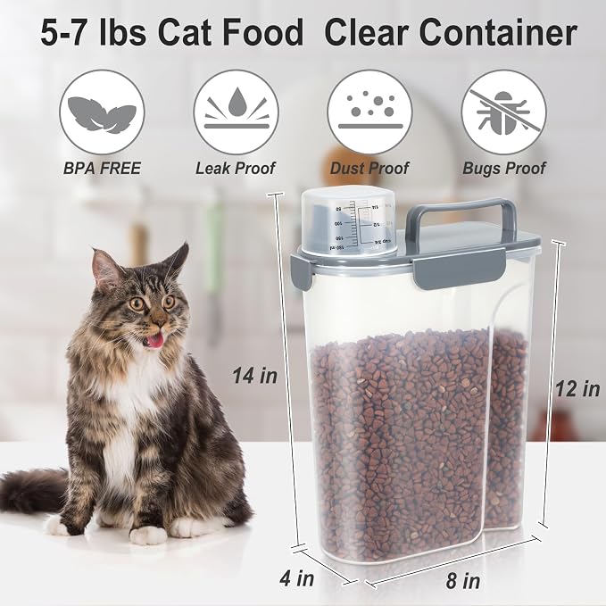 Dog Cat Food Storage Container with Cup (Dark Gray, 5L) | Pet Food Pourable Container Airtight with Large Spout, BPA-Free Plastic Food Dispenser for Pet Food, Bird Seed, Rice, Flour