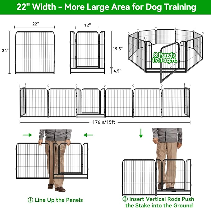 Kfvigoho Puppy Playpen 8 Panels Small Dog Fence Outdoor Indoor Use 24" | Anti-Rust Coating-Strengthened Dog Fence with Doors Portable for RV Camping Yard, Total 17FT, 25 Sq.ft, Snowy Black