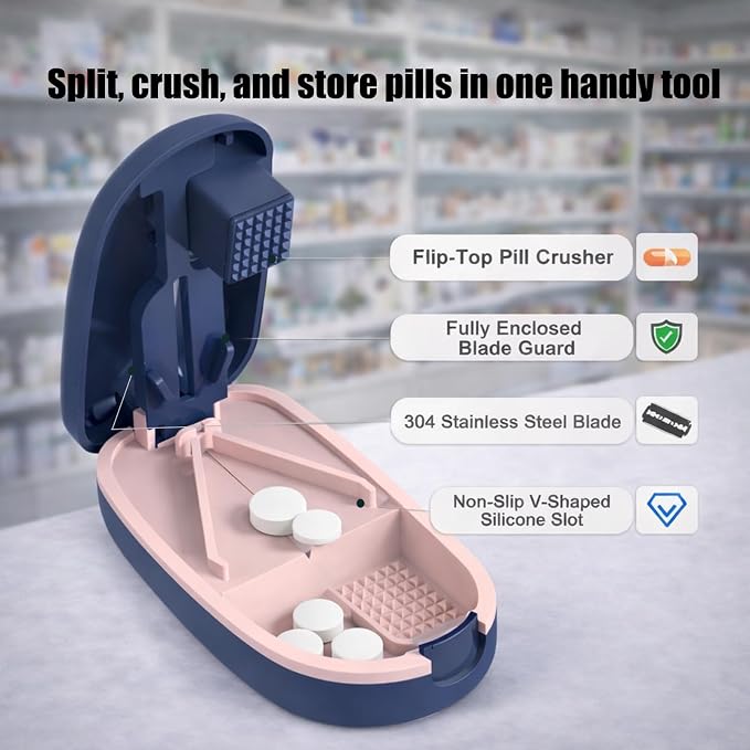 Pill Cutter and Crusher, Tablet Splitter with Pill Storage – Blue