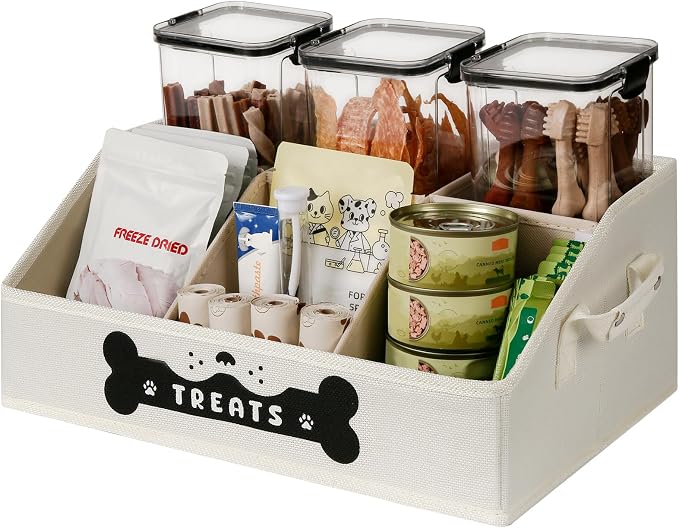 Dog Treat Container, Dogs Storage Organizer with Removable Dividers, Collapsible Dogs Treat Holder for Countertop, Trapezoid Pet Treats Containers, Dog Toy Basket with PU Handles, Medium, Beige