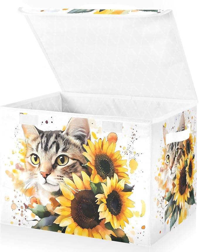 Cat Sunflower Storage Bins with Lids Closet Bedroom 40L Storage Basket | Decorative Storage Boxes, Foldable & Stackable, Dust-Proof Flip Top, Reinforced Handles, For Home & Dorm, Clothes & Toy Box