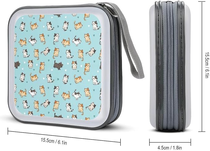 DVD Storage for 40 Movies, Cute Cat Blue Hard Plastic CD DVD Disc Cases | Disc Holder Organizer Binder, Cute Cat Blue, Portable for Travel Home Office