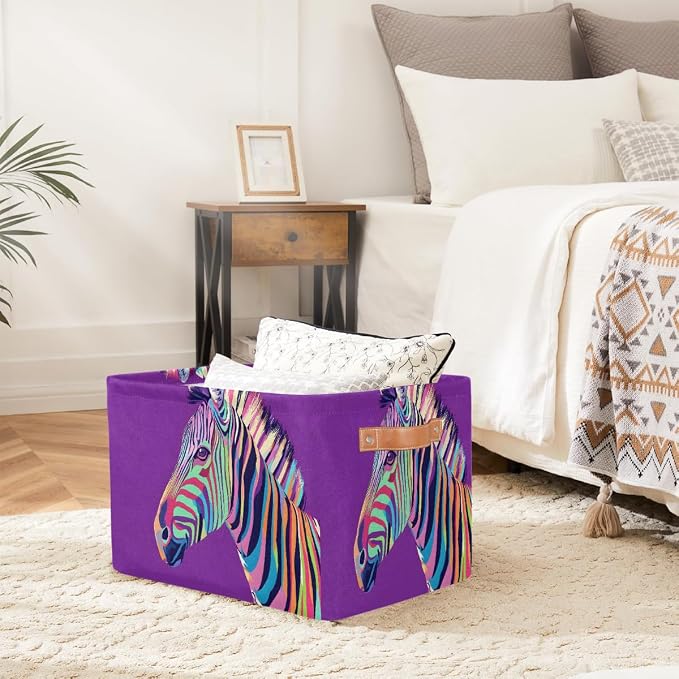 Pardick Storage Baskets Bin, Animal Zebra Collapsible Canvas Fabric Storage Bin Decorative Baskets Toy Organizer Rectangle Storage Boxes with Handles for Home Shelves Nursery,1Pack,A-1812