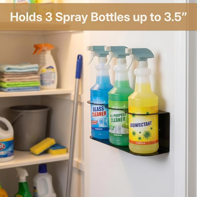 Spray Bottle Holder Wall Mount, 3-Slot Heavy Duty Steel Organizer for Cleaning Supplies and Spray Cans, Garage Storage and Home Organization, Easy Install