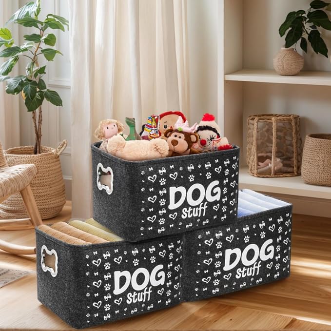 WRINGKIT 3 Pack Dog Toy Bin Basket, Large, Collapsible | Pet Puppy Storage Bin Box with Handles, Felt Storage Bin Basket for Dog Toys, Blankets, Pet Supplies Storage, Dog Room Decor