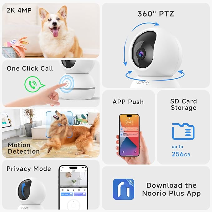 Noorio 2K 4MP Indoor Security Camera,UHD 360° PTZ Pet Camera,2.4GHz,CS201 | One-Touch Call, 24/7 Continuous Recording, 360° PTZ Coverage, Night Vision, Auto Motion Tracking, Two-Way Audio, 2.4 GHz WiFi