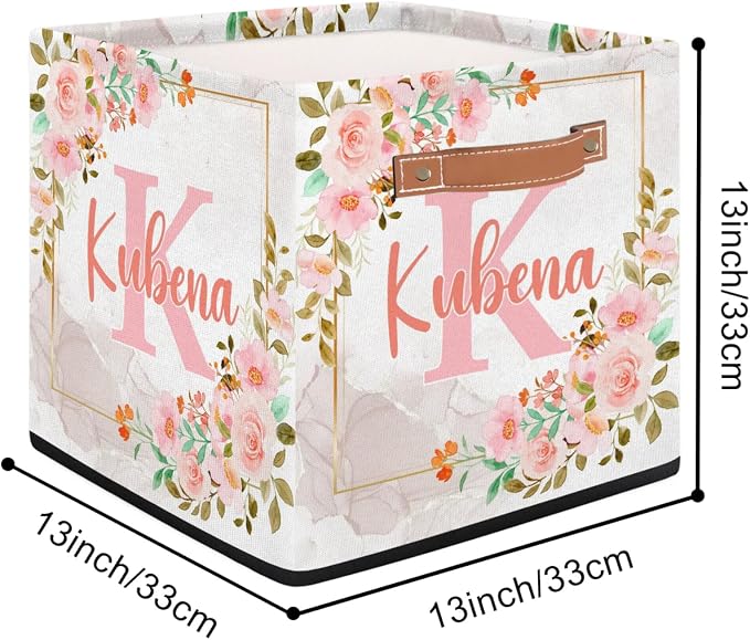Personalized Name-Initial Pink Flower Storage Baskets for Girls Kids, Custom Portable Square Storage Bins with Handles Foldable Organizer for Clothes, Toys, Blanket, Towel,Pet 13”