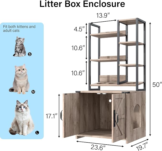 Saudism Cat Litter Box Enclosure with Storage Shelves, Tall Cat Litter Box Furniture Hidden with Feeding Station, Farmhouse Cat LitterBox Cabinet with Barn Door for Living Room, Bedroom, Gray