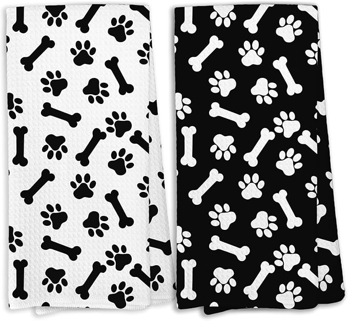 Dog Paws Kitchen Towels, Dog Mom Dad Lovers Gifts for Women Men Dish Towels for Kitchen, Black and White Dogs Bathroom Hand Towels Decorative Set of 2, Pet Lover Gifts