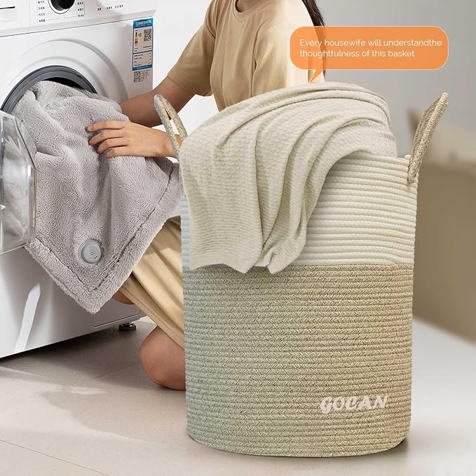 GOCAN large tall sturdier Laundry Hamper Basket Woven Storage Baskets for clothes Pillows Blanket Toy in living or bed room decoration H50XD38cm borwn/beige