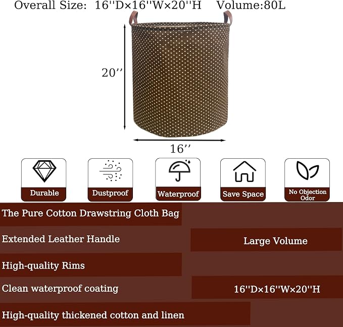 80L Waterproof Laundry Hamper in Family Leather Handle Laundry Basket in Dormitory Collapsible Laundry Bag in Nursery (96-Satisfied laundry hampers, 80L)