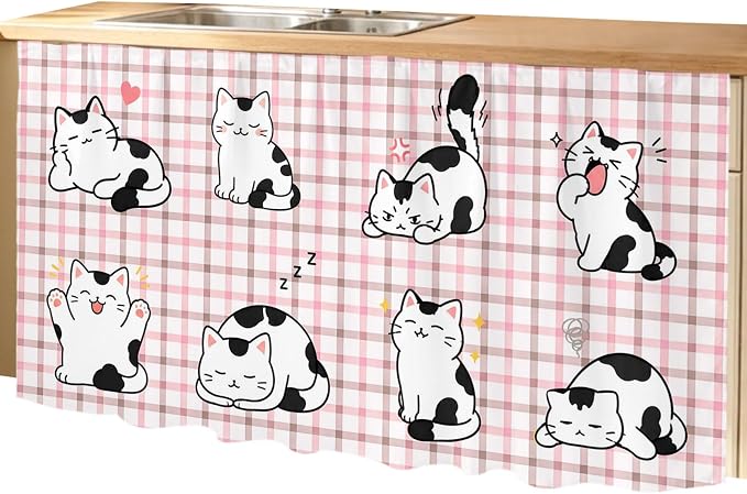Cute Cat Cabinet Curtain 28"Wx51"L,Dustproof Storage Cabinet Curtain with Self Adhesive Tape,Modern Playful Pet Cats Pink Brown Plaid Tall Pantry Cover Drape for Kitchen,Laundry Room,Utility Closet
