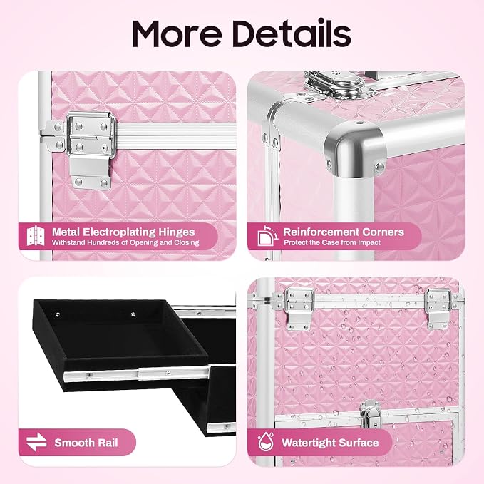 Rolling Makeup Train Case with 7 Compartments & Drawer, Large Storage Professional Aluminum Alloy Mobile Organizer on Wheels for Hairstylists, Makeup Artists, Pet Groomers (pink)