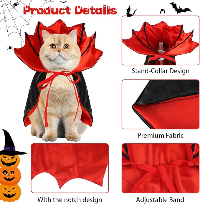 Dog Halloween Costume, Pet Cape for Small Puppy Dogs Cat Funny Red & Black Halloween Costumes with Neck Armor Adjustable Strap Idea for Vampire Party Cosplay (Red Bat, S)