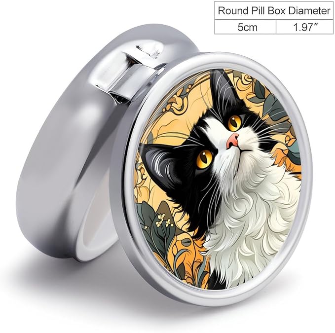 Cat Metal Round Pill Box, 3 Compartment Travel Organizer, Portable Pill Container with Secure Latch, 2 Inch Circular Vitamin Caddy for Pills and Vitamins, Gift for Him Her Elderly