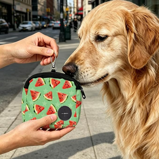 Pet Treat Pouch 5.12 x 4.72 Inch Treat Pouch for Dog Training Watermelons Pattern Polyester Portable Snack Reward Dog Food Dispensers with 1 Roll Garbage Bags for Traveling Outdoor Use
