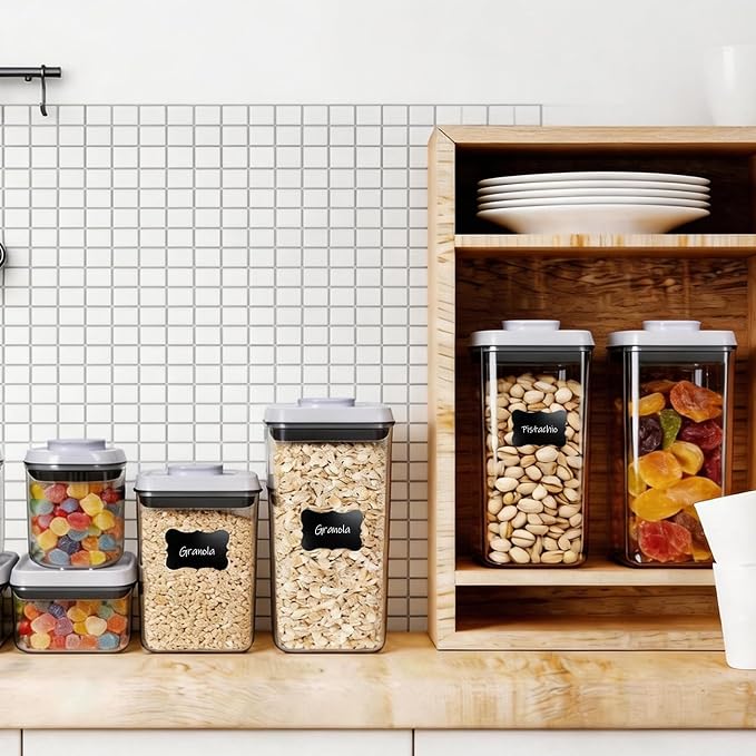Pop Push Button Airtight Food Storage Containers 12 Pack | 4 Sizes: 0.65/0.7/1.8/2.4Qt, BPA-Free Clear Canisters for Pantry, Pasta, Cereal, Snacks, Coffee, Pet Food, Fridge