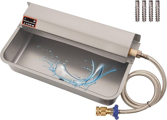 Automatic Dog Water Dispenser with Drain Hole, 304 Stainless Steel Auto Water Dog Bowl with Float Valve, Hose Quick Connect Fitting, Automatic Livestock Waterer for Horse, Chicken (2 Gallons)