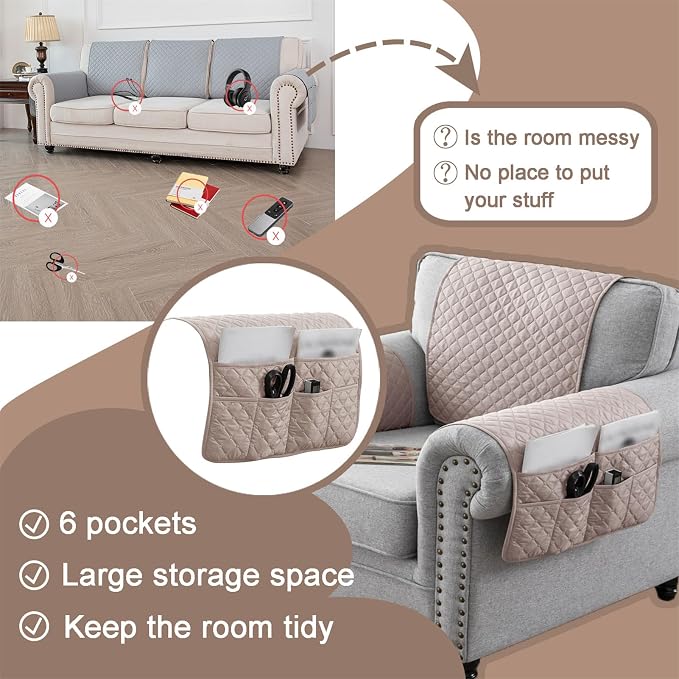 Water-Resistant Sofa Armrest and Headrest Covers with Side Pocket | Keep remotes close quilted polyester helps guard against wear, pet scratches, and kids' messes silicone backing adds grip