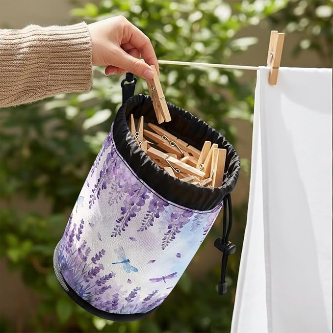 Lavender Dragonfly Drawstring Laundry Clothespin Bag, Peg Organizer Pouch with Multi-Hang Loop, Portable Storage for Clips, Perfect for Drying Rack, Camping Trips, Dorm