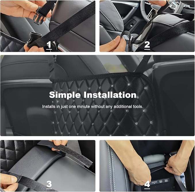 Car Net Pocket Handbag Holder, Large Capacity PU Leather Auto Purse Holder Storage Bag for Front Seats, Driver Storage Netting Pouch Barrier of Backseat Pet, Car Accessories (with Diamond)