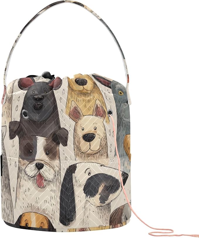 Tatenale Crochet Bag Yarn Bag Knitting Project Bag with Pockets and Handle Portable Yarn Storage Organizer Tangle Free 8.3x11 InchWhimsical Pet Dogs01