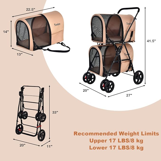 PETSITE Double Dog Stroller, Foldable Pet Stroller for 2 Dogs & Cats Small Medium Sized with Detachable Carrier on Wheels, Ideal for Car Seat Walking Camping Travel