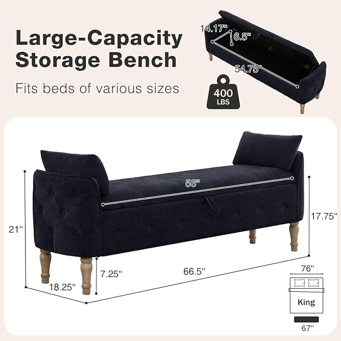 67"End of Bed Storage Bench King Size,Upholstered Bedroom Bench,Black | Linen Storage Bench for Bedroom End of Bed ,2 Cushion, Vintage Wood Legs ,Tufted,Storage Ottoman Bench for Entryway Window
