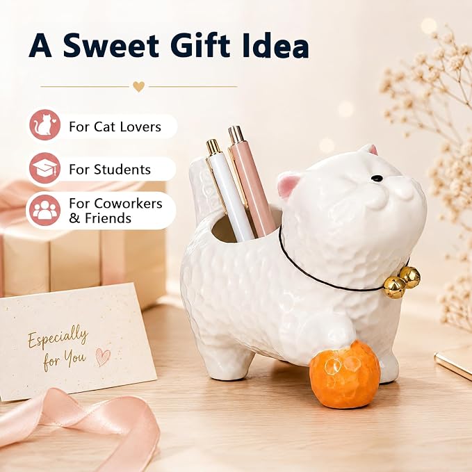 Ceramic Cat Shaped Pen Pencil Holder for Desk Decoration Accessories Cat Decor Makeup Brush Pen Cups Office School Ideal Gifts for Women, Mom or Birthdayscr