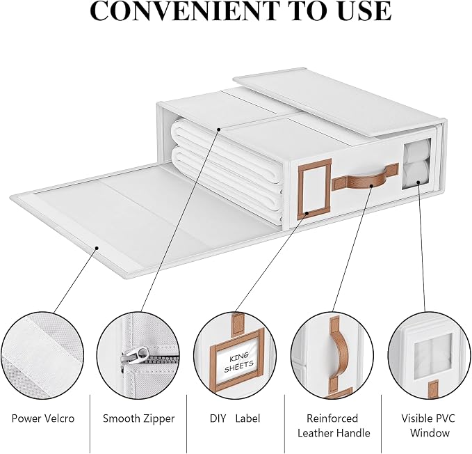 3 Pack Foldable Bed Sheets Set Organizers and Storage(King & Queen Size),Linen Fabric Closet Organizers with Window,Folding Bedding Storage Box for Bedsheets and Pillow Cube Organizer-White