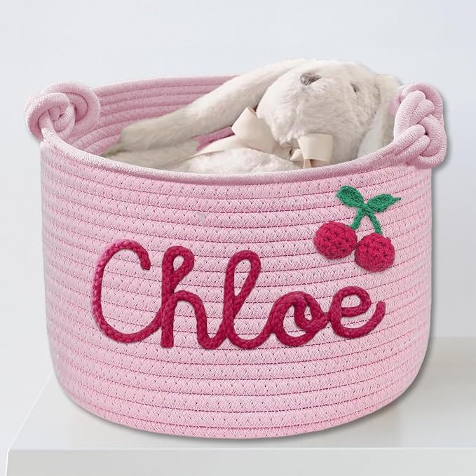 Personalized Dog Toy Storage Basket - Custom Woven Cotton Rope Bin with 3D Cord Name for Puppy Accessories, Treats & Pet Organization Pink L