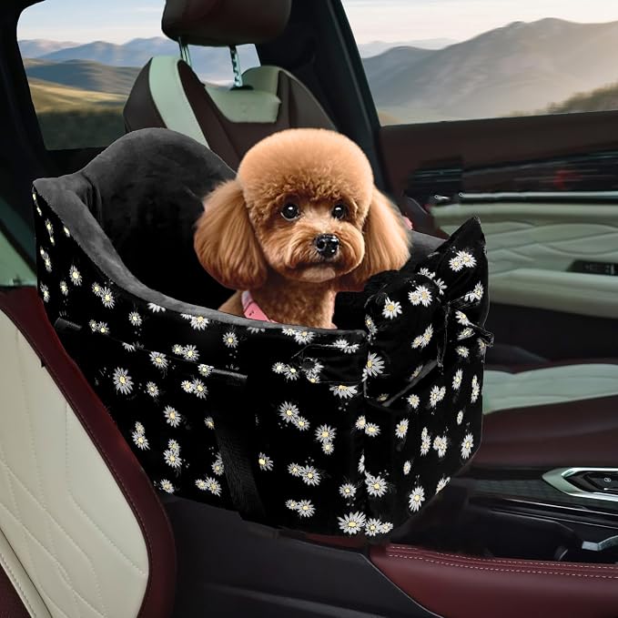 Center Console Dog Car Seat for Small Dogs Up to 11 Lbs | Anti-Collapse Booster Armrest Pet Bed For Chihuahuas And Yorkies, Black