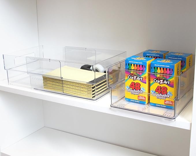 Isaac Jacobs 2-Pack Clear Expandable Storage Bins - Medium | 11"-19" L x 8.5" W x 4.8" H, Plastic Organizer with Cut-Out Handles, Adjustable Length from 11-19" for Home, Kitchen & Office