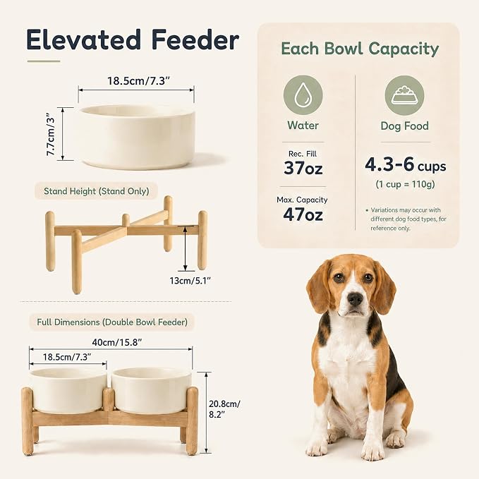 Havniva Ceramic Dog Bowls Elevated, Raised Dog Food Bowl for Medium Dogs | 7.3” Elevated Dog Bowls, Non-Slip Wood Stand, Dog Food and Water Bowl Set, Dog Feeding Dish, Large Capacity Pet Water Bowl