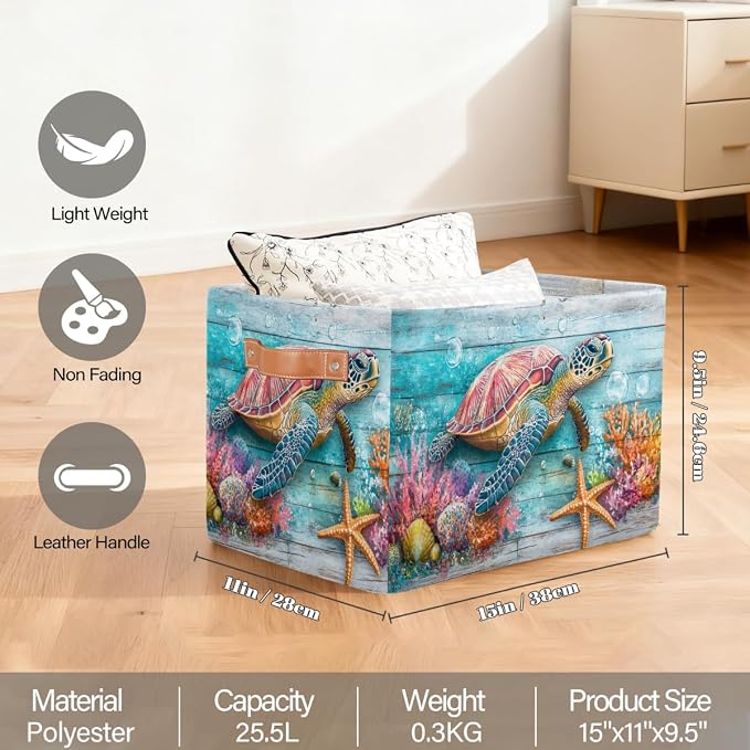 Pardick Storage Baskets Bin, Summer Ocean Turtle Wood Collapsible Canvas Fabric Storage Bin Decorative Baskets Toy Organizer Rectangle Storage Boxes with handles for Home Shelves Nursery,A-4