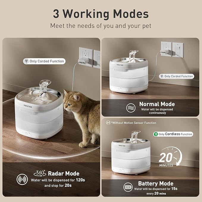 PAWGETHER® Cat Water Fountain with 4 Filters, Ultra Quiet Pumpless Pet Water Fountain with Stainless Steel Tray, 67oz/2L Water Fountains for Cats Indoor with 360° Motion Sensor for Cats & Dogs