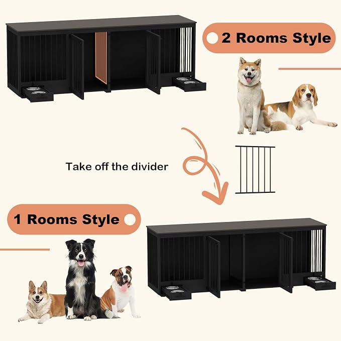 86.6" Large Furniture Style Dog Crate for 2 Dogs, Black | Heavy Duty Wooden Dog Kennel with Dog Bowl Drawers & Divider, Indoor Dog kennel House TV Stand for Large Medium Dogs