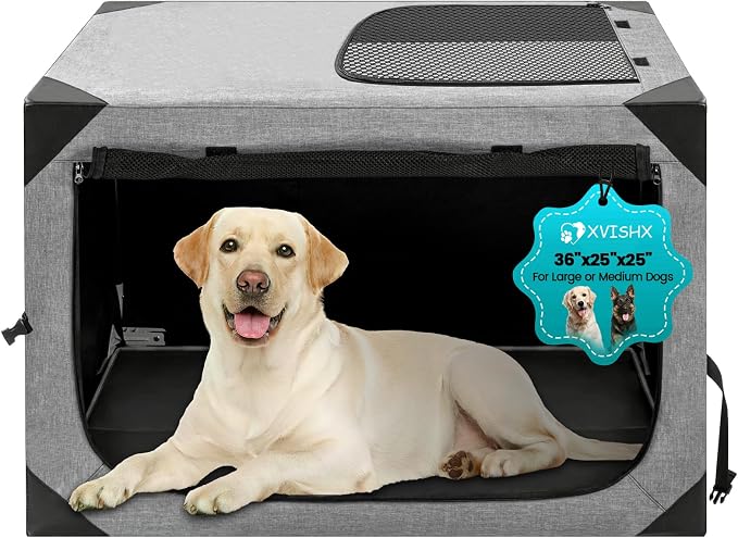 Dog Crate,36x25x25 Inch Large Dog Crate for Large or Medium Dogs, Portable and Foldable Design of Dog Cage, Perfect for Travel or Home Use, Dog Kennel with 2-Door and Durable Mesh Windows, Light Grey