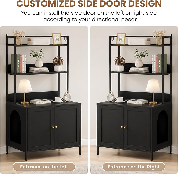 Cat Litter Box Enclosure with Shelves, Large Metal Pet House Washroom Dog Proof Furniture, Hidden Little Box Cabinet, Living Room Side End Table, Indoor Cat House, Assembly Required