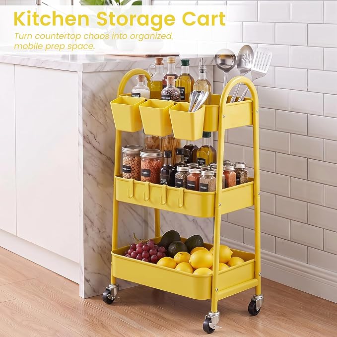 danpinera 3-Tier Rolling Cart, Utility Cart Mobile Metal Rolling Storage Cart with Lockable Wheels & Hanging Cups & Hooks for Kitchen, Bathroom, Office, Workshop, Yellow