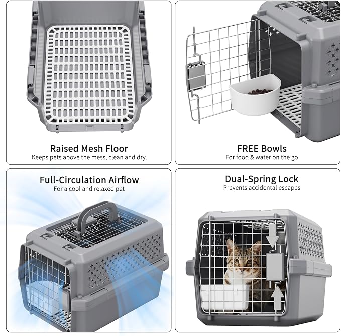 Airline-Approved Pet Carrier: Hard-Sided Crate for Cats & Dogs | Secure Metal Locking Door / Multi-Side Ventilation / Top Carry Handle / Lightweight Durable Shell / Includes Travel Bowl
