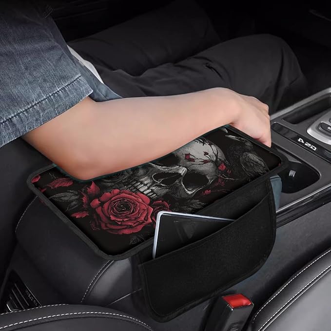 Howilath Car Armrest Console Cover Cushion Pad with 2 Bags | Raven Rose Skull Scratch-Resistant, Machine Washable, Fit for Long Commutes and Road Trips