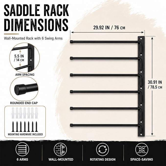6-Tier Wall Mount Saddle Pad Rack, Heavy Duty Rotating Horse Tack Organizer | 6 Rotating Arms Saddle Pad Rack, corrosion-resistant finish，Heavy Duty Steel Holds 90 lbs, Wall Mounted Horse Tack Storage