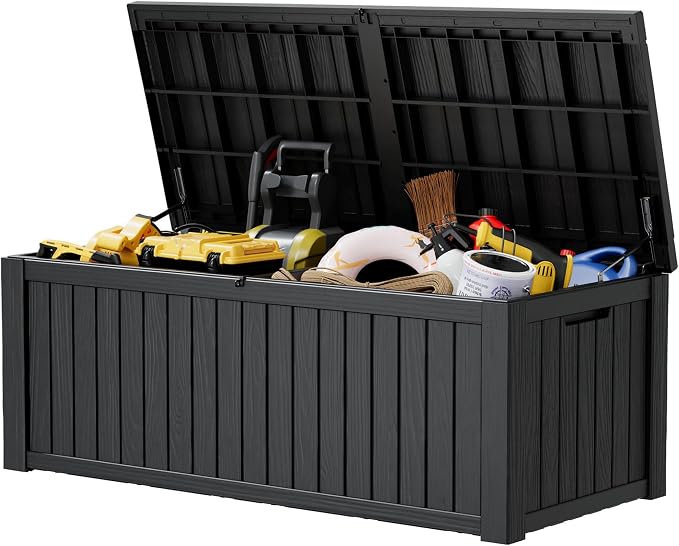 230 Gallon Outdoor Storage Box Waterproof Deck Box for Patio | Black, Resin, Large, Weatherproof, Divider, Lockable, Hydraulic Rod, Easy Assembly, Patio Cushions Storage, Organization